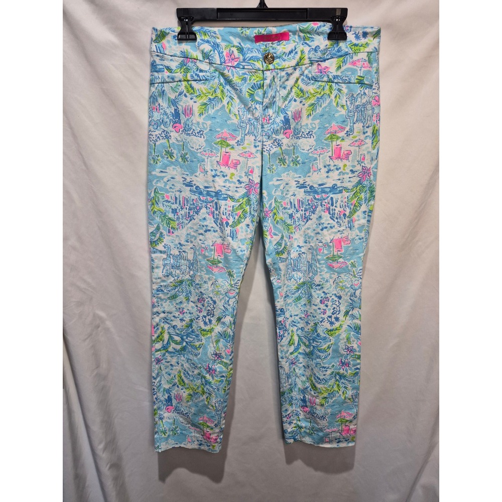 Lilly Pulitzer Kelly Ankle Pants Blue Pink Tropical Beach Print Size 8 RN88189